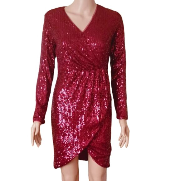 Red Sequin Faux Wrap Cocktail Dress S Long Sleeve Scoop Hem Evening - Picture 1 of 9